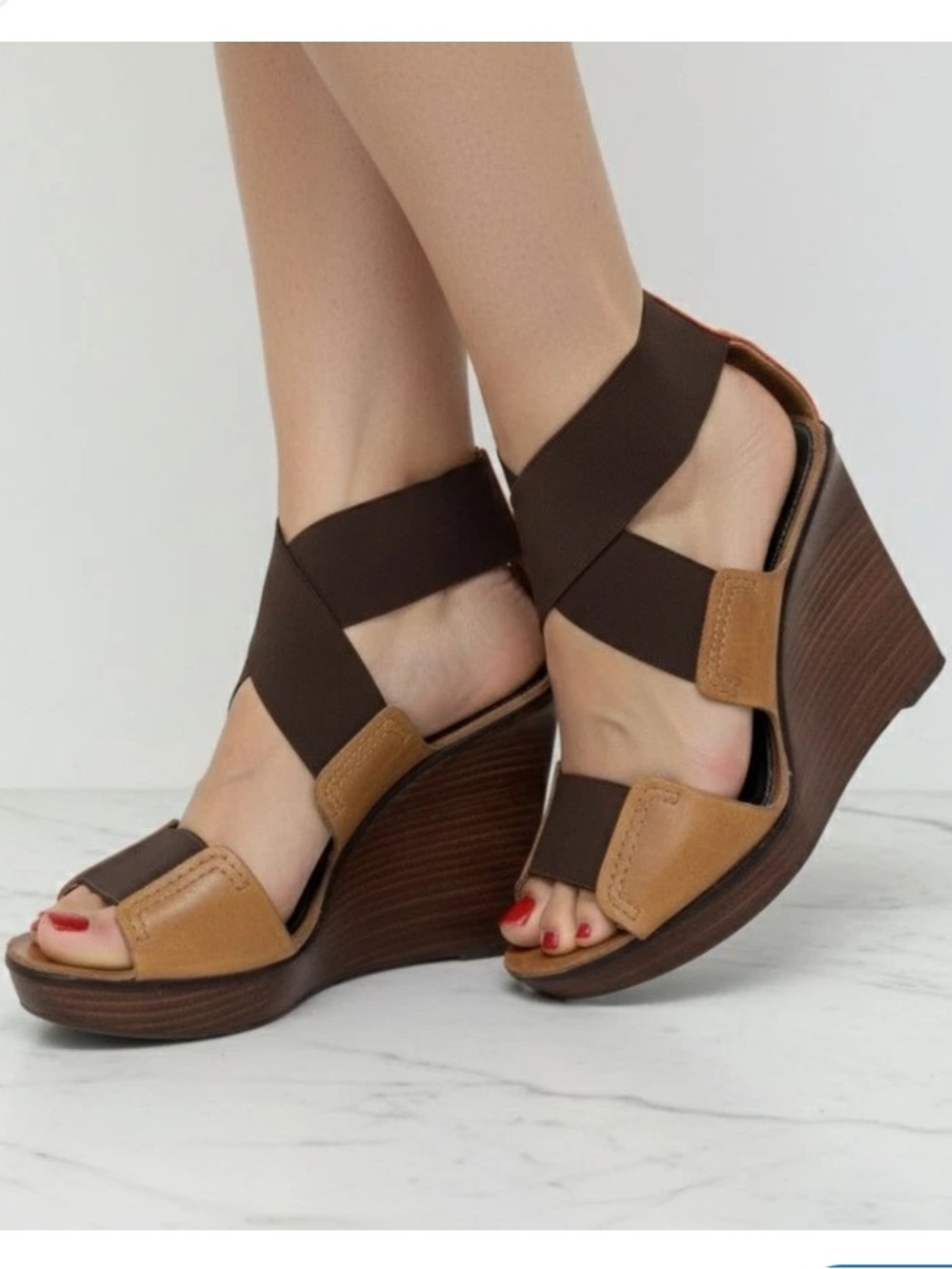 THEORY Brown Wedge Leather Wooden Platform Sandals with Elastic Straps 37 US 7
